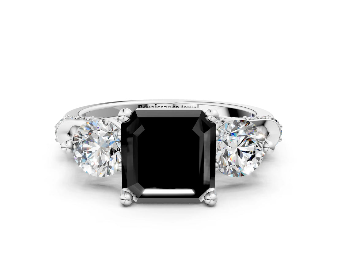 Platinum Fancy Black Asscher Cut Diamond Three-Stone Ring with Prong Setting and Pavé Band_6