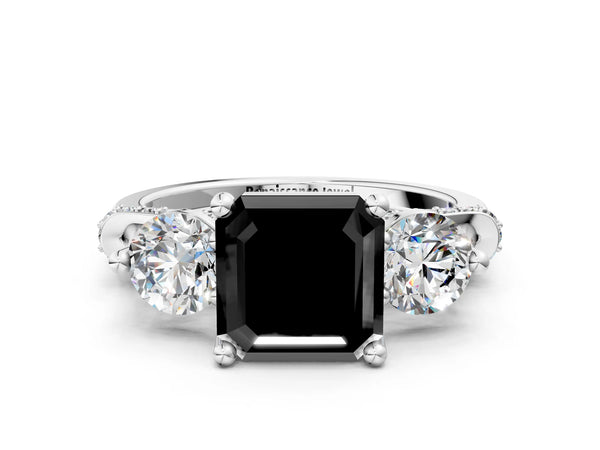 Platinum Asscher Cut Curved Pave Three Stone Engagement Ring Setting for Black Center
