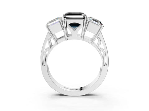 Platinum Fancy Black Asscher Cut Diamond Three-Stone Ring with Prong Setting and Textured Band_51