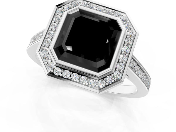 Platinum Fancy Black Asscher Cut Halo Bezel Diamond Pave Band Ring