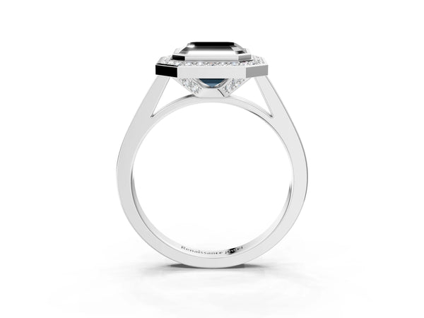 Platinum Fancy Black Asscher Cut Halo Bezel Diamond Pave Band Ring