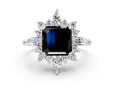 Platinum Fancy Black Asscher Cut Halo Diamond Cluster Ring with Marquise and Round Stones on a White Gold Band with Prong Setting