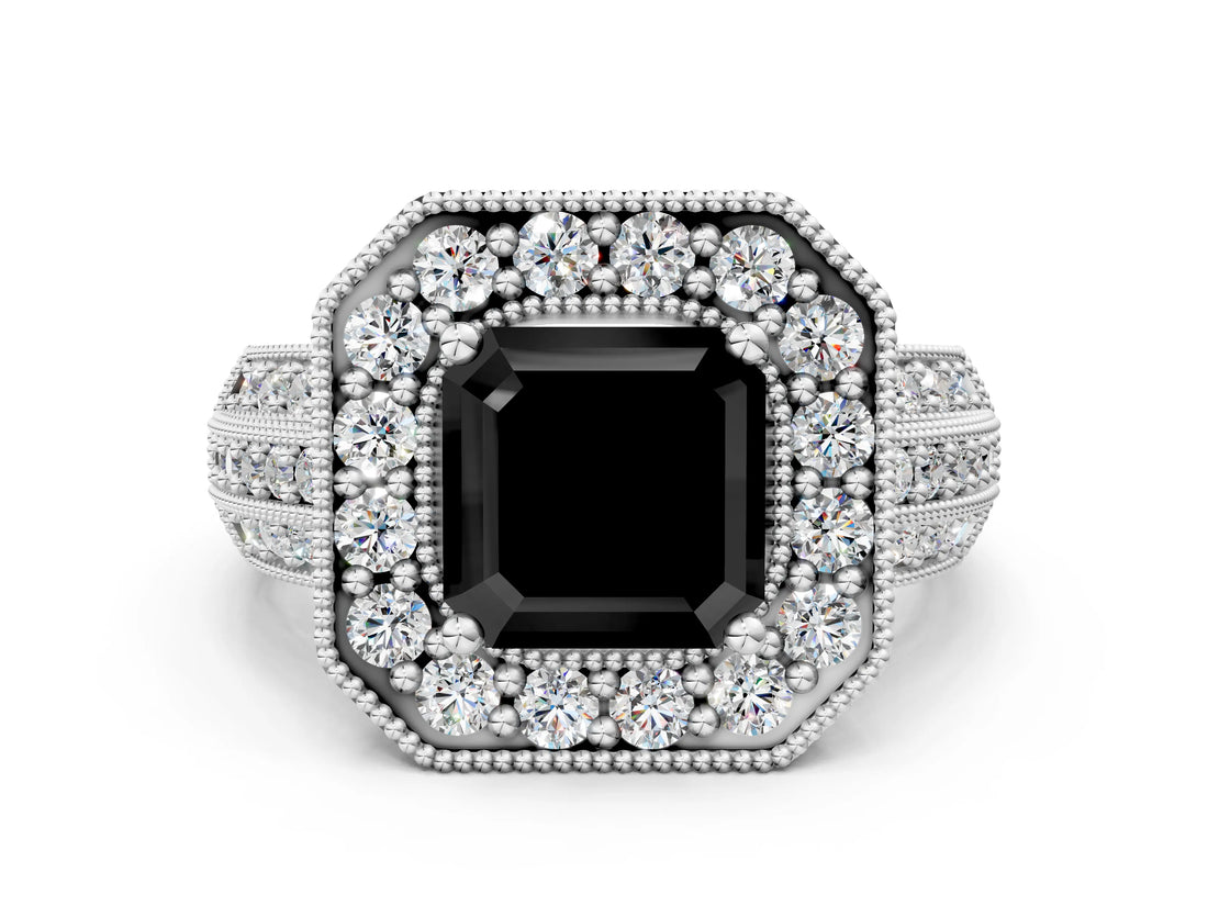 Platinum Fancy Black Asscher Cut Halo Diamond Engagement Ring with Pave Split Shank and Four-Prong Setting_36