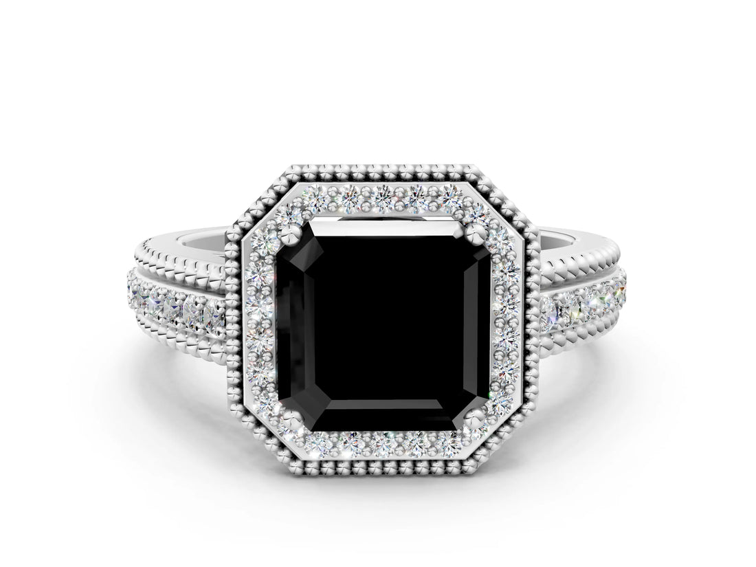 Platinum Fancy Black Asscher Cut Halo Diamond Ring with Beaded Split Shank and Four-Prong Setting_6