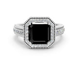 Platinum Fancy Black Asscher Cut Halo Diamond Ring with Beaded Split Shank and Four-Prong Setting_6