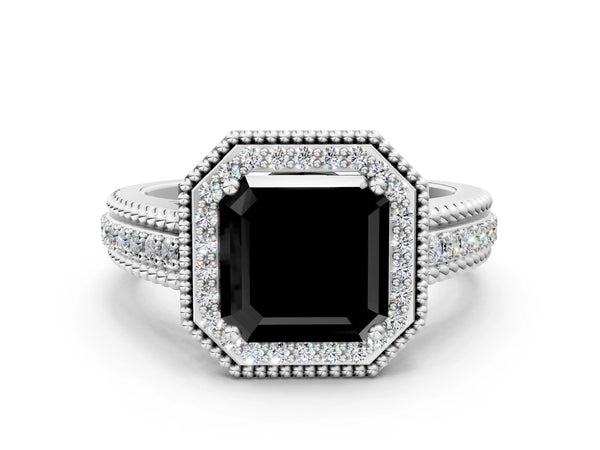 Platinum Asscher Cut Beaded Halo Engagement Ring Setting for Black Center with Pave