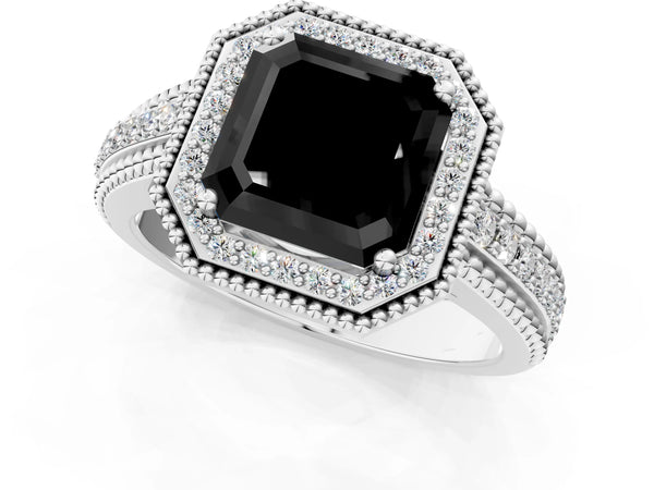 Platinum Asscher Cut Beaded Halo Engagement Ring Setting for Black Center with Pave