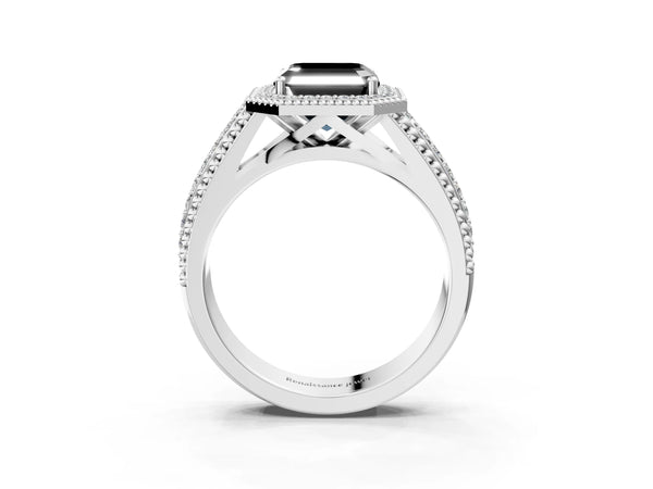 Platinum Asscher Cut Beaded Halo Engagement Ring Setting for Black Center with Pave