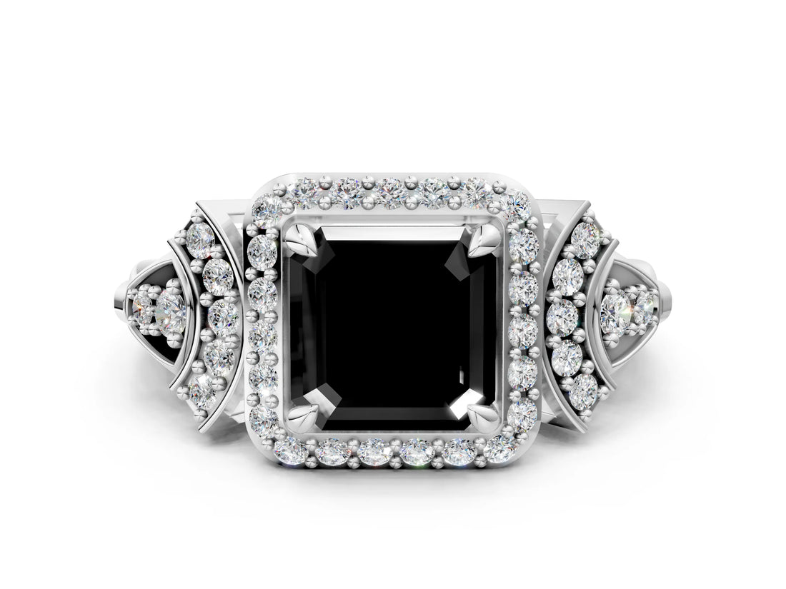 Platinum Fancy Black Asscher Cut Halo Diamond Split Shank Engagement Ring with Four-Prong Setting_6