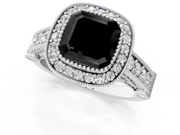 Platinum Asscher Cut Vintage Bezel Halo Engagement Ring Setting for Black Center