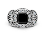 Platinum Fancy Black Asscher Cut Halo Milgrain Diamond Engagement Ring with Leaf Band and Four-Prong Setting_12