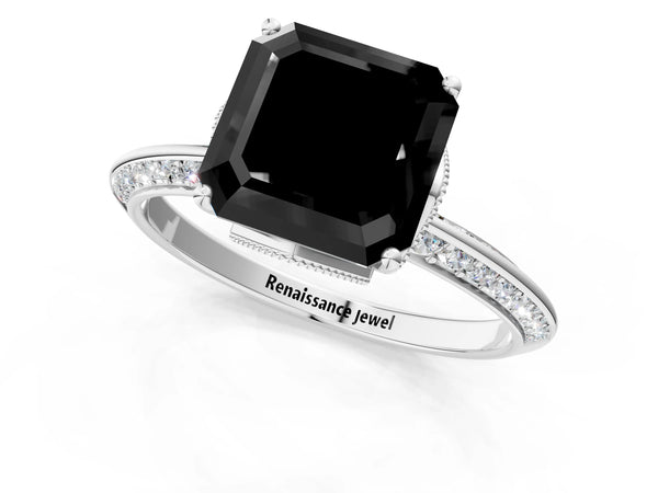Platinum Asscher Cut Graduated Pave Engagement Ring Setting for Black Center