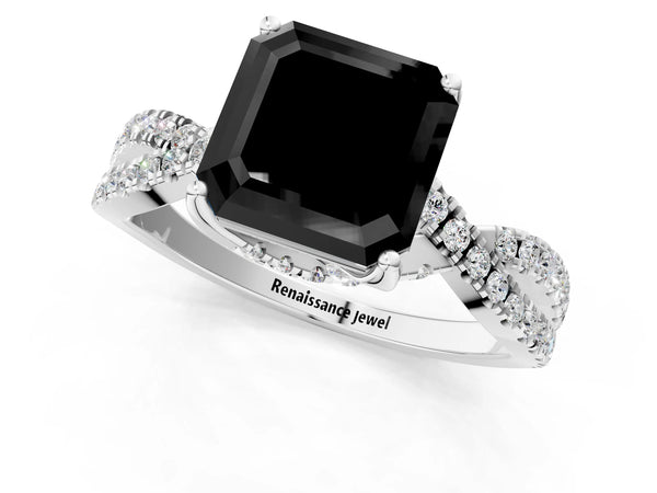 Platinum Asscher Cut Twisted Split Shank Engagement Ring Setting for Black Center