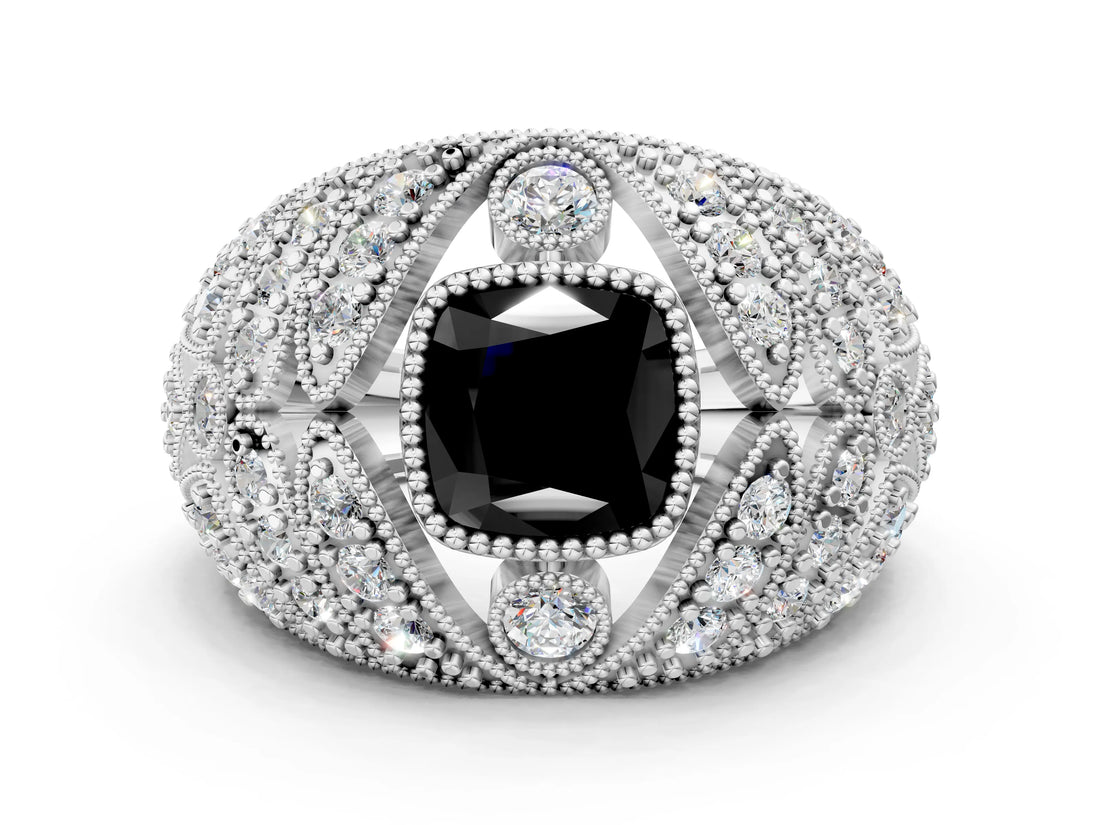 Platinum Fancy Black Cushion Cut Brilliant Halo Pave Diamond Milgrain Ring_12