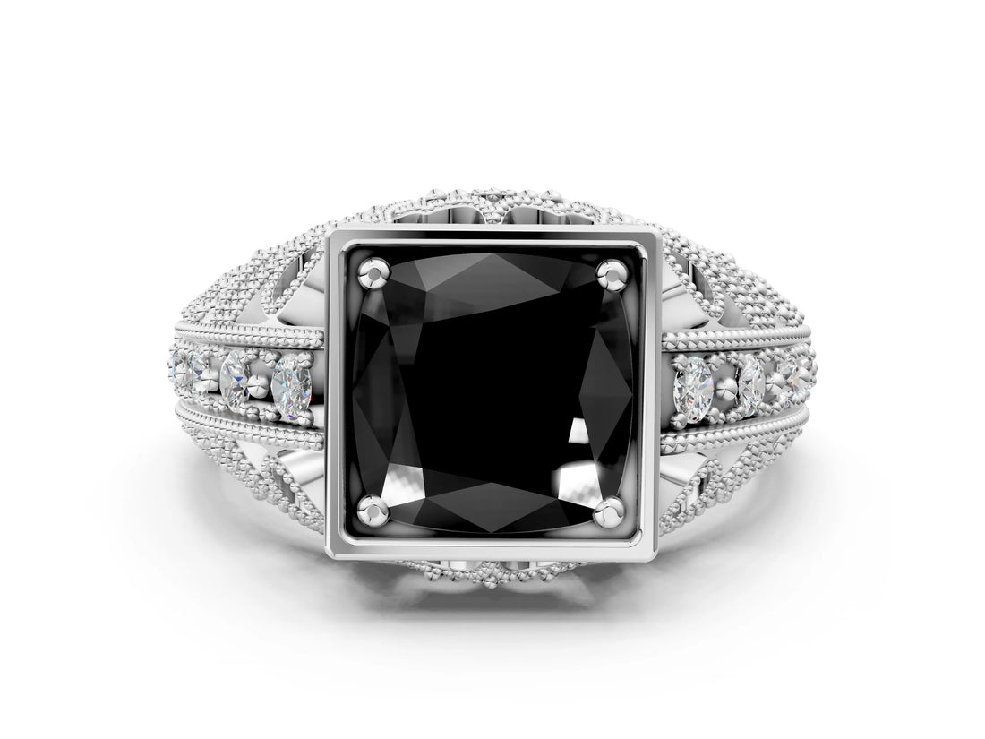 Platinum Fancy Black Cushion Cut Brilliant Milgrain Filigree Diamond Ring with Square Prong Setting_6