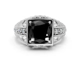 Platinum Fancy Black Cushion Cut Brilliant Milgrain Filigree Diamond Ring with Square Prong Setting_6