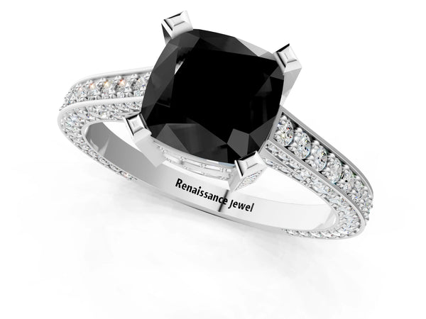 Platinum Fancy Black Cushion Cut Brilliant Split Shank Pave Solitaire Ring with Four-Prong Setting