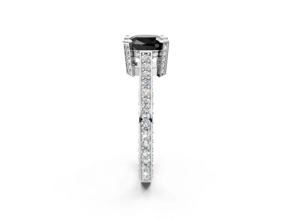 Platinum Fancy Black Cushion Cut Brilliant Split Shank Pave Solitaire Ring with Four-Prong Setting