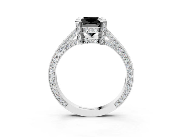 Platinum Fancy Black Cushion Cut Brilliant Split Shank Pave Solitaire Ring with Four-Prong Setting