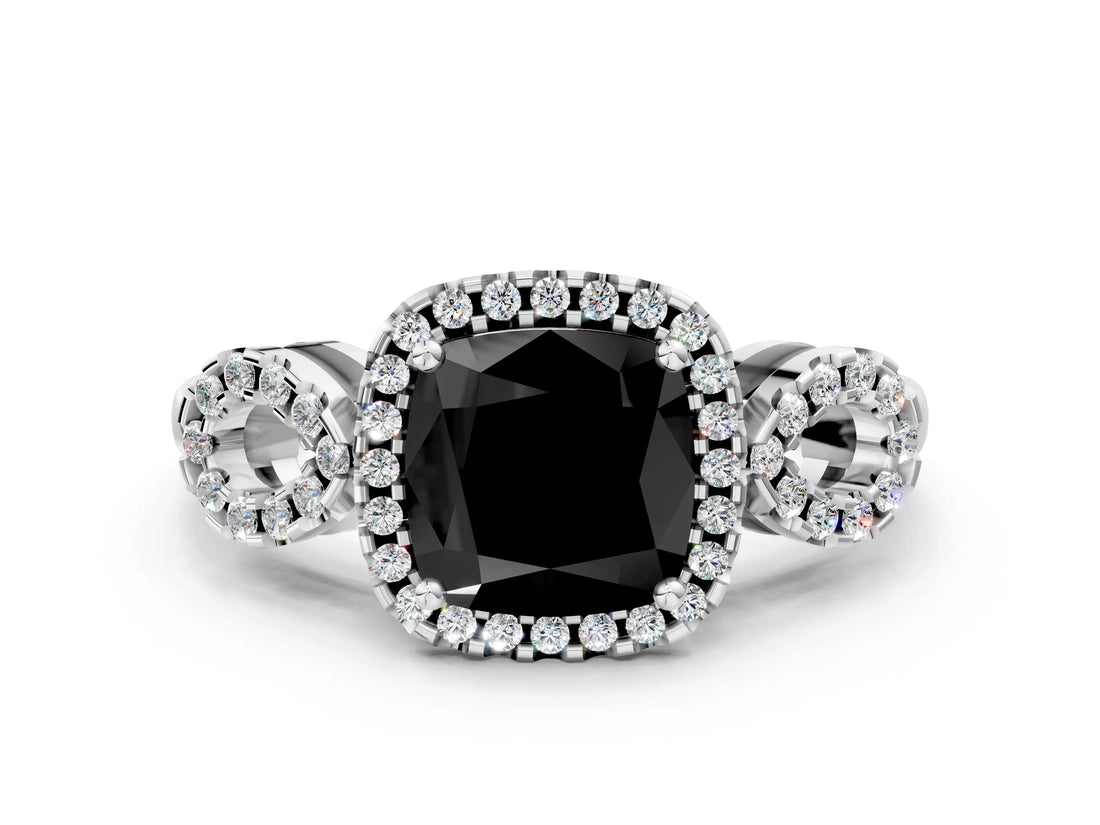 Platinum Fancy Black Cushion Cut Cut Halo Diamond Infinity Band with Four-Prong Setting_12