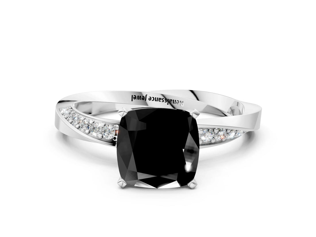 Platinum Fancy Black Cushion Cut Diamond Engagement Ring with Side Stone Accents and Four-Prong Setting_24