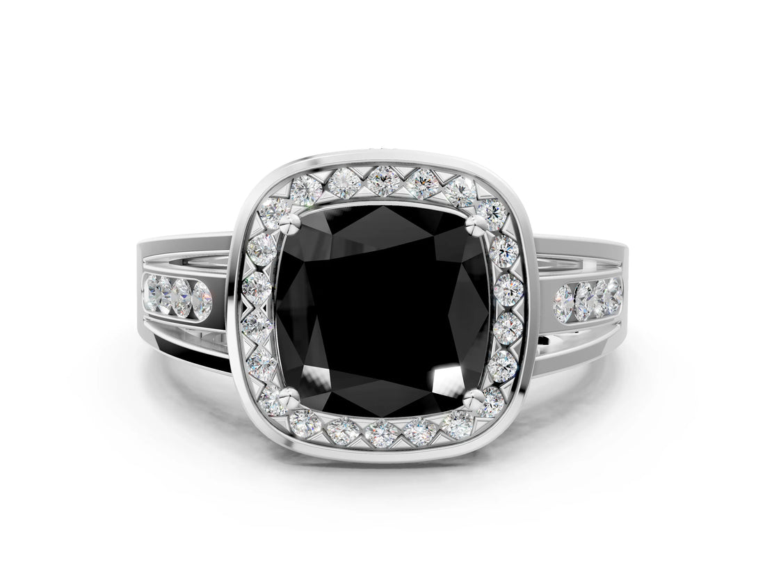 Platinum Fancy Black Cushion Cut Diamond Halo Ring with Split Shank and Bezel Accents and Prong Setting_36