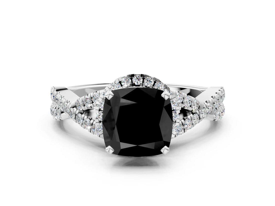 Platinum Fancy Black Cushion Cut Diamond  Halo Twist Band Solitaire Prong Setting Ring_12
