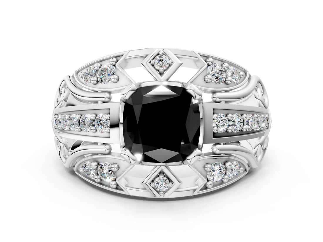 Platinum Fancy Black Cushion Cut Diamond Pave Art Deco Split Shank Ring with Four-Prong Setting_6