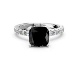 Platinum Fancy Black Cushion Cut Diamond Solitaire Ring with Round  Pavé Band and Four-Prong Setting_24