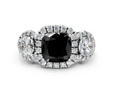 Platinum Fancy Black Cushion Cut Diamond Three-Stone Halo Ring with Prong Setting and Pavé Accents_12