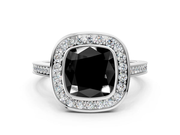 Platinum Fancy Black Cushion Cut Halo Bezel Diamond Pave Band Ring