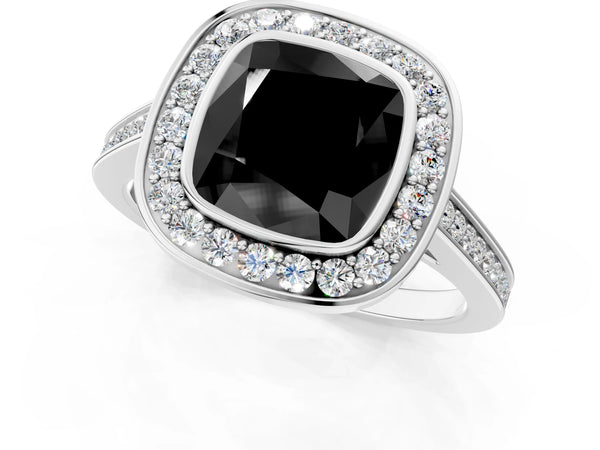 Platinum Fancy Black Cushion Cut Halo Bezel Diamond Pave Band Ring