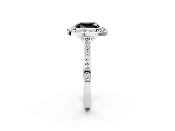 Platinum Fancy Black Cushion Cut Halo Bezel Diamond Pave Band Ring