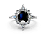 Platinum Fancy Black Cushion Cut Halo Diamond Cluster Ring with Marquise and Round Stones on a White Gold Band with Prong Setting_12