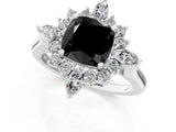 Platinum Fancy Black Cushion Cut Halo Diamond Cluster Ring with Marquise and Round Stones on a White Gold Band with Prong Setting_13