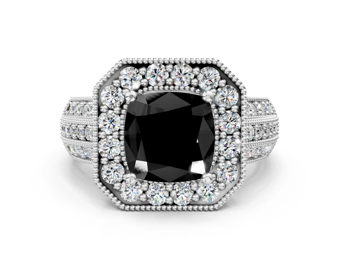 Platinum Fancy Black Cushion Cut Halo Diamond Engagement Ring with Pave Split Shank and Four-Prong Setting_36