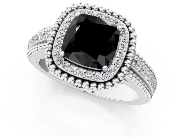 Platinum Cushion Cut Beaded Halo Engagement Ring Setting for Black Center with Pave