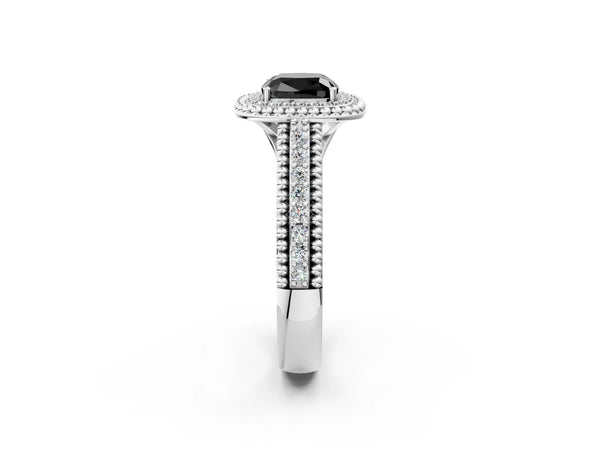 Platinum Cushion Cut Beaded Halo Engagement Ring Setting for Black Center with Pave