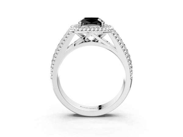 Platinum Cushion Cut Beaded Halo Engagement Ring Setting for Black Center with Pave