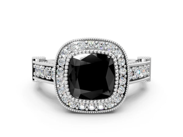 Platinum Cushion Cut Vintage Bezel Halo Engagement Ring Setting for Black Center