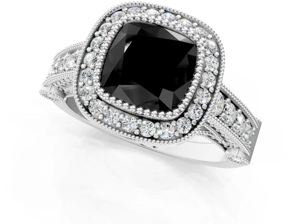 Platinum Cushion Cut Vintage Bezel Halo Engagement Ring Setting for Black Center