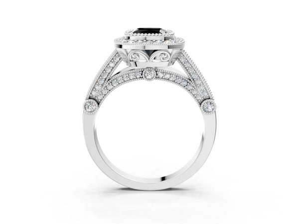 Platinum Cushion Cut Vintage Bezel Halo Engagement Ring Setting for Black Center