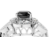 Platinum Fancy Black Cushion Cut Halo Milgrain Diamond Engagement Ring with Leaf Band and Four-Prong Setting_16