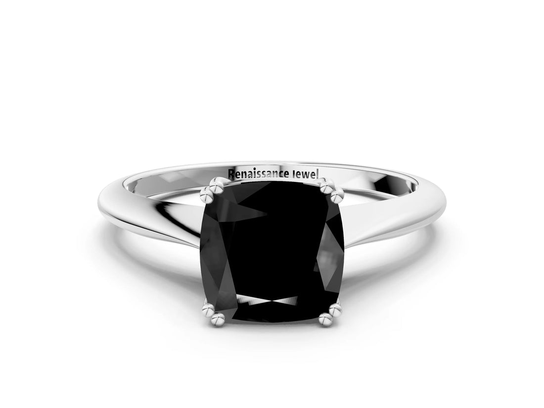 Platinum Fancy Black Cushion Cut Solitaire Diamond Ring with Six-Prong Setting and Classic Band_15