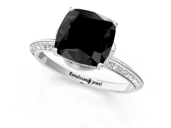 Platinum Cushion Cut Graduated Pave Engagement Ring Setting for Black Center