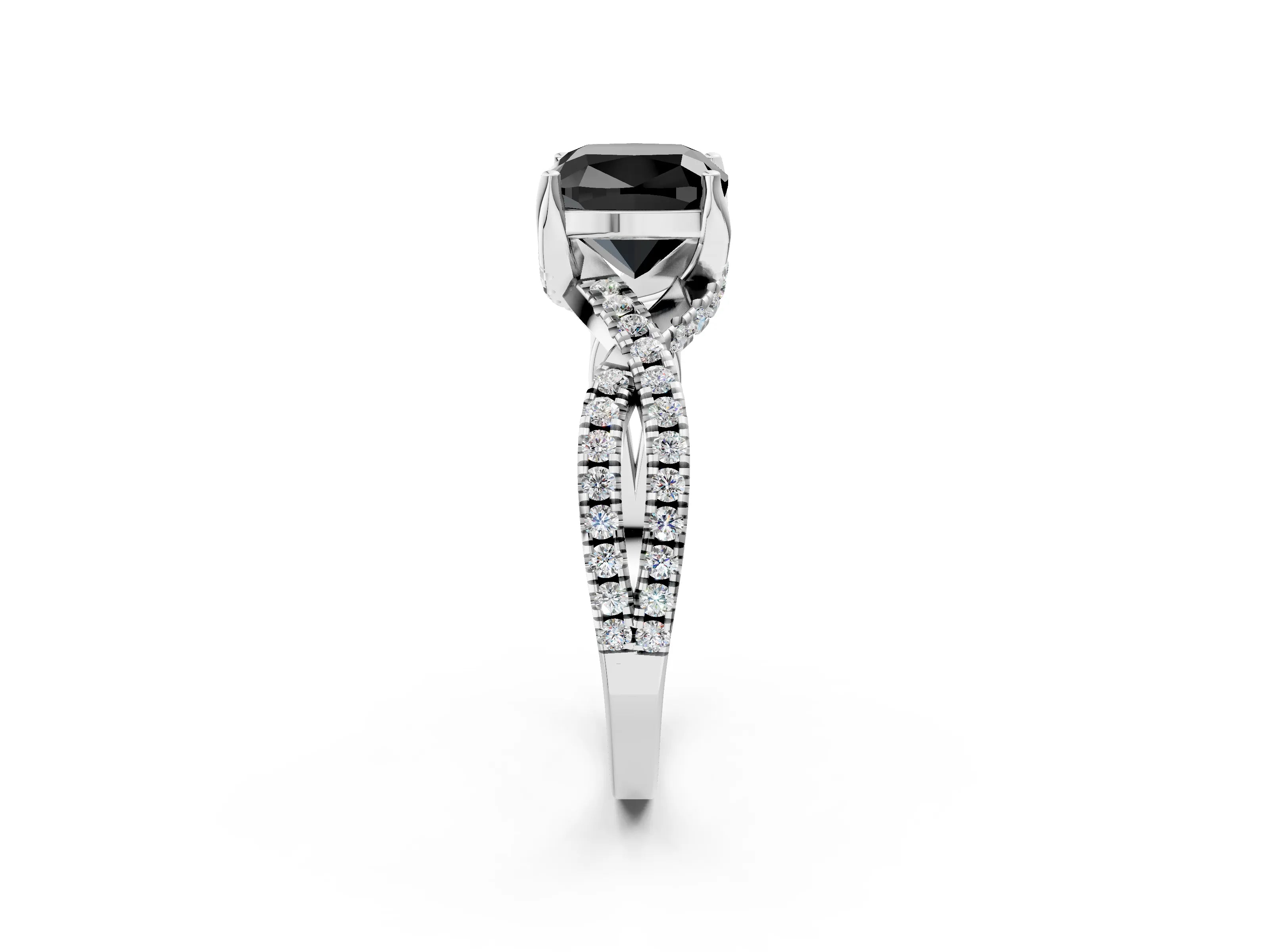 Platinum Fancy Black Cushion Cut Solitaire Twist Pave Diamond Engagement Ring with Prong Setting_87