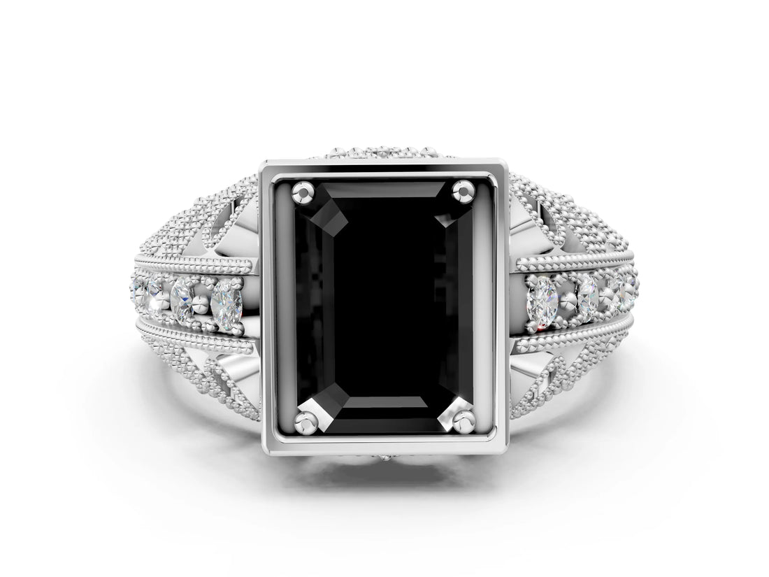 Platinum Fancy Black Emerald Cut Brilliant Milgrain Filigree Diamond Ring with Square Prong Setting_12