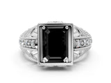 Platinum Fancy Black Emerald Cut Brilliant Milgrain Filigree Diamond Ring with Square Prong Setting_12