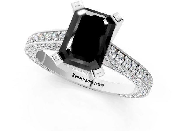 Platinum Fancy Black Emerald Cut Brilliant Split Shank Pave Solitaire Ring with Four-Prong Setting