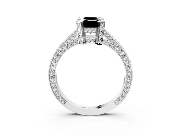 Platinum Fancy Black Emerald Cut Brilliant Split Shank Pave Solitaire Ring with Four-Prong Setting